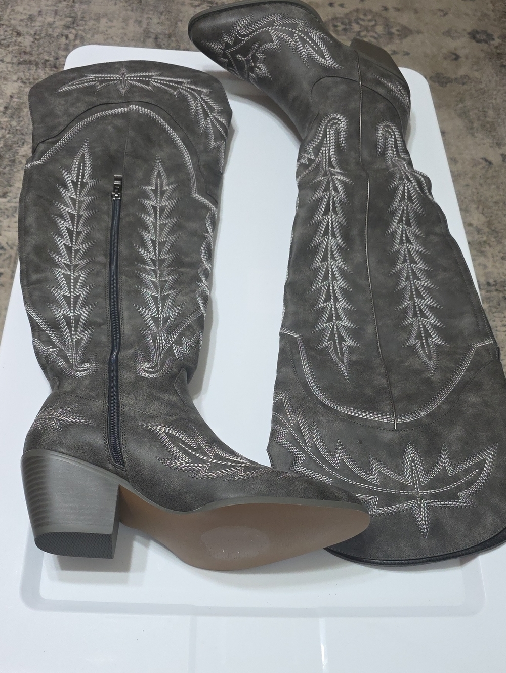 Over-the-Knee Embroidered Women's Grey Boots with Block Heel